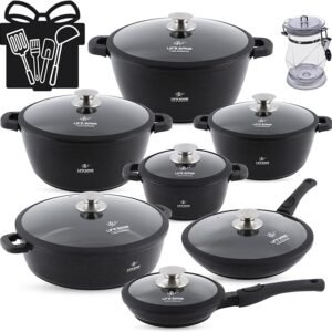ชุดเครื่องครัว LIFE SMILE - ชุดหม้อและกระทะ เคลือบแกรนิตแบบไม่ติดกระทะ ปราศจากสาร PFOA 100% ฐานเตาแม่เหล็กไฟฟ้าพร้อมด้ามจับซิลิโคนแบบถอดได้ - เข้าเตาอบได้ (สีดำเงางาม 31 ชิ้น)
