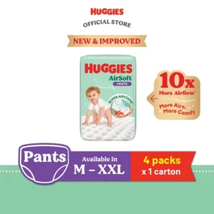 [ชุด 4 แพ็ค] HUGGIES AirSoft Pants M46/L36/XL30/XXL24 — ผ้าอ้อมสำเร็จรูประบายอากาศนุ่มสบายสำหรับทารก